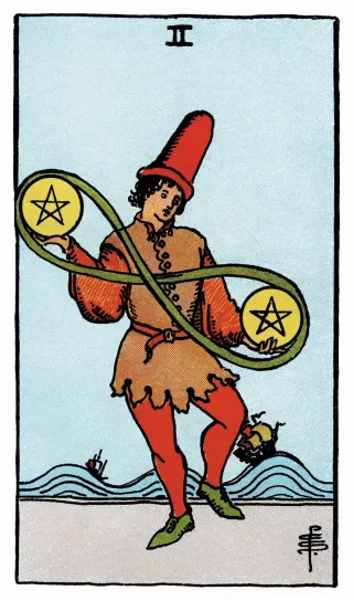Zwei der Münzen – Rider-Waite-Tarot