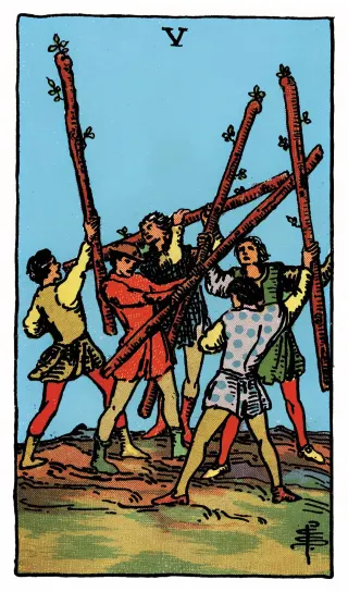 Fünf der Stäbe – Rider-Waite-Tarot