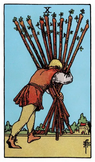 Zehn der Stäbe – Rider-Waite-Tarot